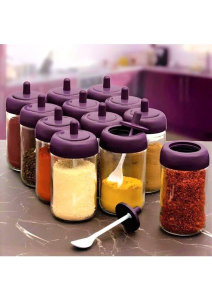 2'li Cam Baharatlık Seti, 330 ml, şık ve kullanışlı, kendinden kaşıklı, modern tasarım