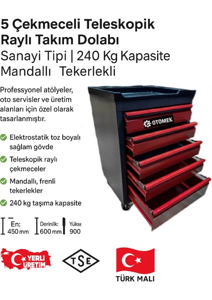 5 Çekmeceli Teleskopik Raylı Takım Dolabı – Sanayi Tipi, 240 kg Taşıma Kapasiteli, Mandallı, Tekerlekli fiyatları