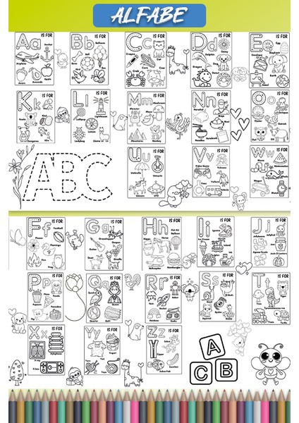 Ingilizce Alfabe ve Çoklu Temalı Dev Boyama Etkinlik Kağıdı 2 Metre