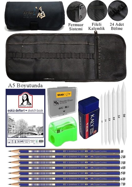 A5 Telli Eskiz Defteri Monalisa Spiralli Karakalem Rulo Kalemlik Siyah 24 Bölmeli Dereceli Kalem Gölgeleme Dağıtma Silgi