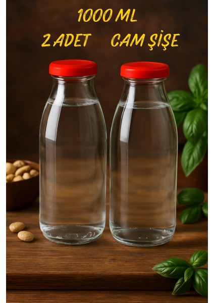 2 Adet 1 Litre Şeffaf Sürahi Süt, Ayran, Su, Limonata, Meşrubat Şişesi Plastik Kapaklı Cam Şişe