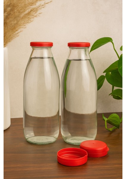 2 Adet 1 Litre Şeffaf Sürahi Süt, Ayran, Su, Limonata, Meşrubat Şişesi Plastik Kapaklı Cam Şişe