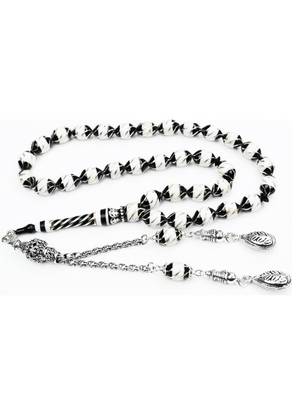 Oltu Taşı Beyzi Model Işlemeli Altılı Çeşmi Bülbül Beyaz Galalith Tespih