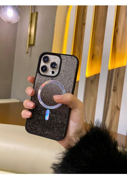 Iphone 16 Pro Magsafe Şarj Uyumlu Parlak Taşlı Premium Telefon Kılıfı