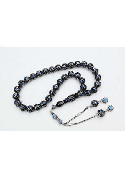 Oltu Taşı Küre Fiyonk Mavi Işlemeli Tespih