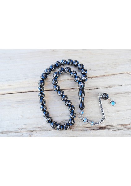 Oltu Taşı Küre Fiyonk Mavi Işlemeli Tespih modelleri