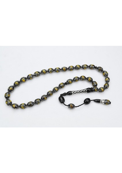 Oltu Taşı ve Sarı Galalith Çeşmi Damla Işleme Tespih