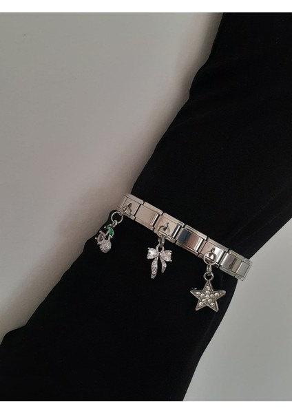 Kiraz&kurdele&yıldız Figürlü Çelik Italyan Charm Bileklik