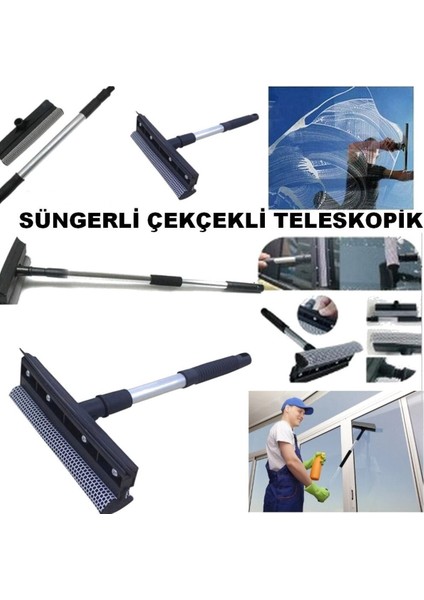 Lüx Cift Tarafli Teleskopik Cam Silme Paspası ve Cekpasi Uzayıp Kısalan Sap Çekçekli Cam Silme