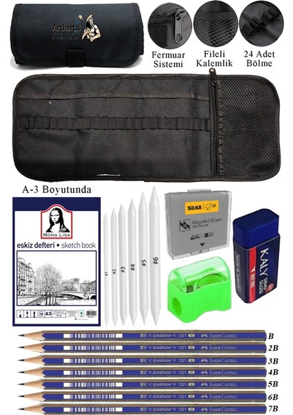 A3 Telli Eskiz Defteri Monalisa Spiralli Karakalem Rulo Kalemlik Siyah 24 Bölmeli Dereceli Kalem Gölgeleme Dağıtma Silgi