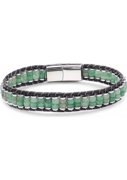 Yeşil Aventurin & Hematit Çelik Örgülü Deri Bileklik
