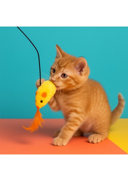 Ses Çıkaran Peluş Fareli Kedi Oltası – Interaktif Oyuncak