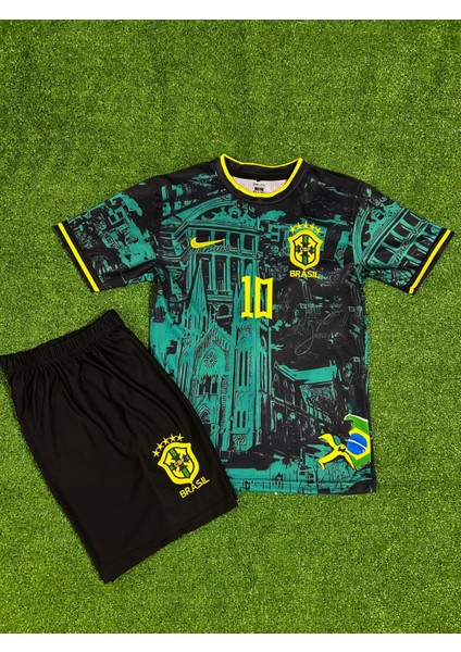 Dayıbalı Brezilya Neymar Jr Milli Takım Özel Konsept Çocuk Forması 2'li Set (Yeşil/sarı)