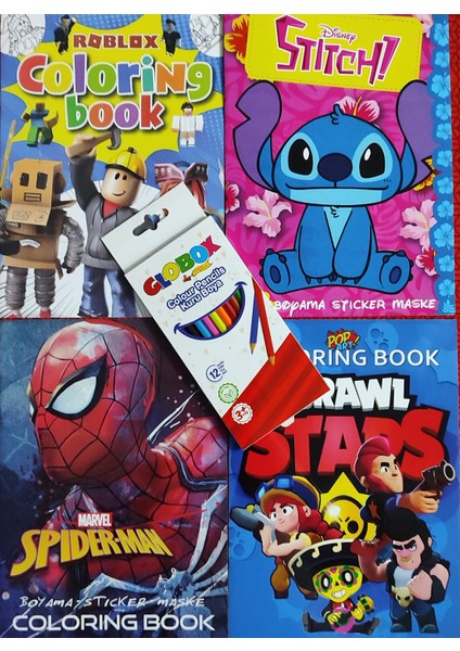 4 Adet Stickerli Boyama Kitabı 12 Li Kuru Boya Kalemi Hediyeli (BRAWLSTARS/STITCH/ÖRMCK/ROBLOX)X18