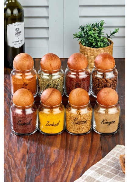 8'li Ahşap Kapaklı 300 ml Cam Baharat ve Şekerlik Seti, Parça Sayısı: 16