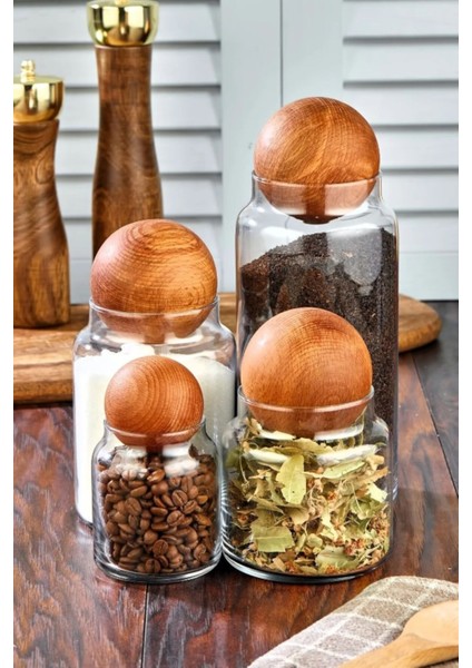 4’lü Ahşap Kapaklı Cam Kavanoz Seti, Baharatlık ve Saklama Kabı, 1300-800-500-300 ml