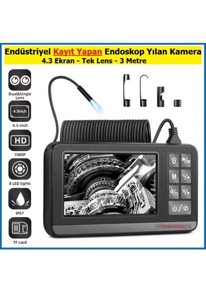 Kayıt Yapan Endüstriyel Endoskop Yılan Kamera 4.3 Ekran - Tek Lens - 3 Metre