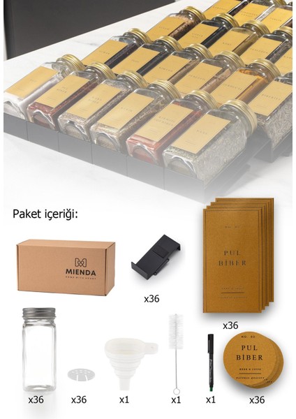 Şık Siyah Pleksi Baharatlık Seti, Huni, Fırça ve Kalem Hediyeli, 36 Parça, 120 ml