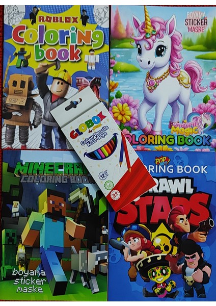 4 Adet Stickerli Boyama Kitabı 12 Li Kuru Boya Kalemi Hediyeli (BRAWLSTARS/UNICORN/MCRAFT/ROBLOX)X15