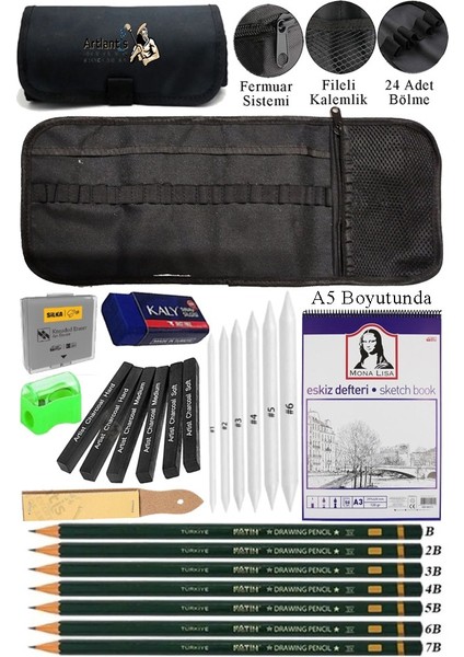 A5 Telli Eskiz Defteri Monalisa Spiralli Kömür Kalem Karakalem Rulo Kalemlik Siyah 24 Bölmeli Dereceli Kalem Gölgeleme