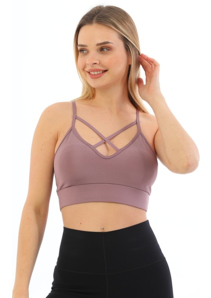Önü Çapraz Detaylı Spor Crop Büstiyer 5800 Gül Kurusu