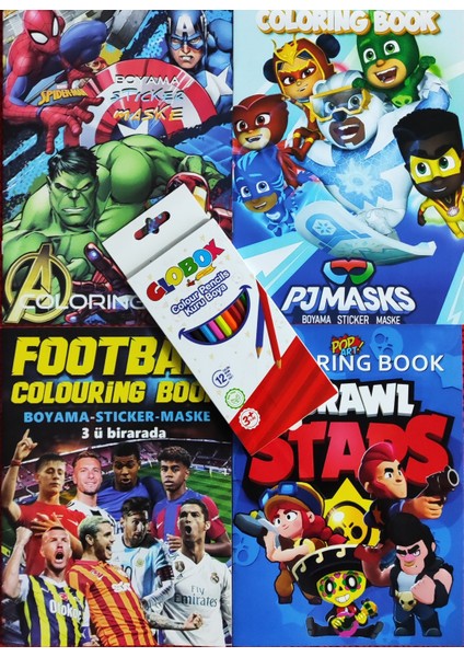 4 Adet Stickerli Boyama Kitabı 12 Li Kuru Boya Kalemi Hediyeli (BRAWLSTARS/FUTBOL/S.KAHRM./PIJAM)X12