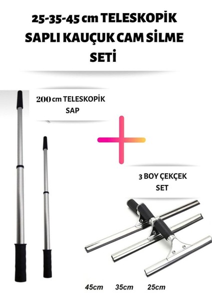 Cam Silme Seti Teleskopik Saplı 3 Boy Çekçek 2 Metre Metal Sopa Pratik Kullanışlı Pencere Yıkama