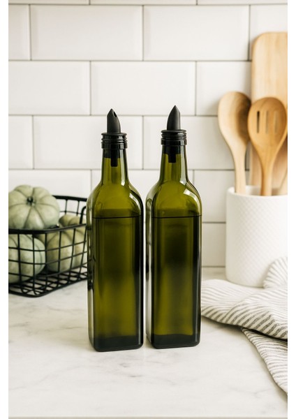 2'li Silikon Tıpalı Yeşil Cam Yağdanlık Sosluk Yağ Şişesi 500 ml