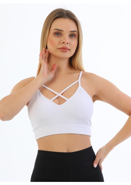 Önü Çapraz Detaylı Spor Crop Büstiyer 5800 Beyaz
