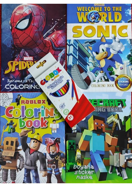 4 Adet Stickerli Boyama Kitabı 12 Li Kuru Boya Kalemi Hediyeli (Örümcek AD./ROBLOX/MCRAFT/SONIC)X10