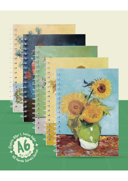 Vincent Van Gogh Çiçekler Koleksiyonu - A6 Spiralli 5 Adet Sanat Temalı Defter - 10,5X14,5 cm