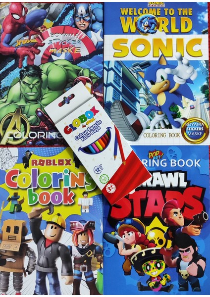 4 Adet Stickerli Boyama Kitabı 12 Li Kuru Boya Kalemi Hediyeli (BRAWLSTARS/ROBLOX/S.KAHRM./SONIC)X11