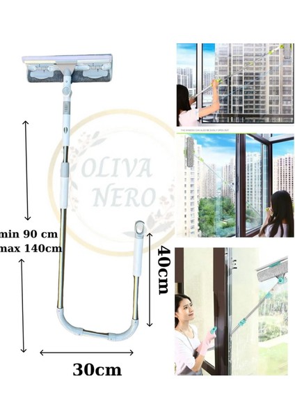 Teleskopik U Cam Temizleme Aleti Yedek Bezli, Pratik ve Kullanışlı Cam Temizleme Seti