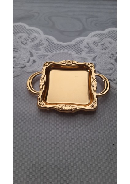 2'li ÇELİK Dekoratif Gold Kaplama Makaronluk Kahve Yanı Sunumluk Lokumluk Kare 10 x 8