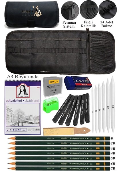 A3 Telli Eskiz Defteri Monalisa Spiralli Kömür Kalem Karakalem Rulo Kalemlik Siyah 24 Bölmeli Dereceli Kalem Gölgeleme