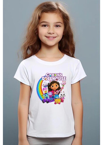 Gabby's Dollhouse Desen Baskılı Çocuk Unisex Siyah ve Beyaz Tshirt