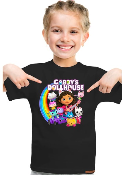 Gabby's Dollhouse Desen Baskılı Çocuk Unisex Siyah ve Beyaz Tshirt