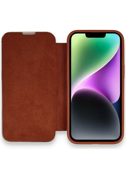 Iphone 14 Kılıf Dolpin Kapaklı - Kahverengi Drstr