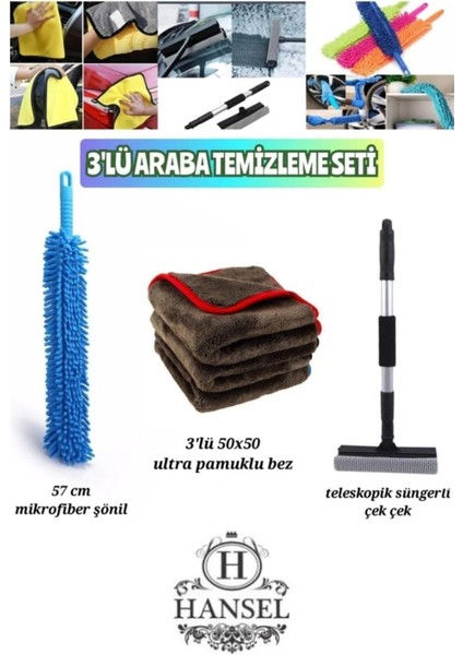 3'lü Mikrofiber Temizlik Seti, 50x50 cm, Teleskopik Çek Çek, Ultra Pamuklu Bez