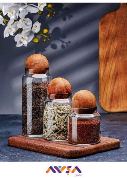 3'lü Ahşap Kapaklı Cam Kavanoz Seti, Saklama, Baharatlık, Çerezlik ve Şekerlik, 250-499 ml fiyatları