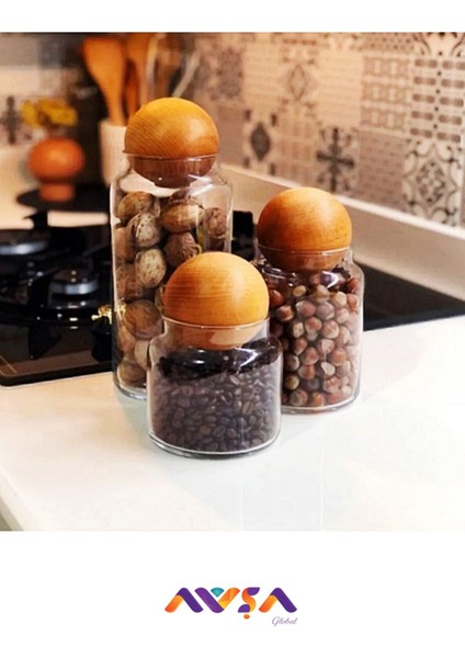 3'lü Ahşap Kapaklı Cam Kavanoz Seti, Saklama, Baharatlık, Çerezlik ve Şekerlik, 250-499 ml modelleri