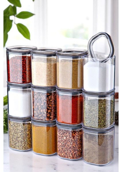 Stantlı, Etiketli 12'li Kare Baharat Saklama Kabı Şeffaf 250 ml