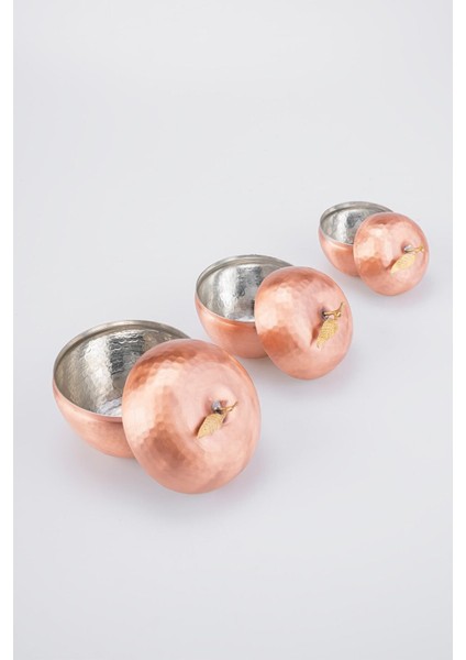 El yapımı bakır baharat seti, 3'lü elma motifli dekoratif, 6 parça