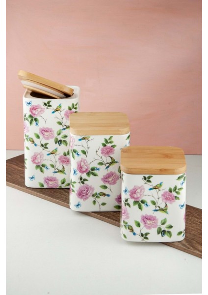 Pembe gül ve kuş temalı 6'lı bambu kapaklı porselen baharatlık seti fiyatları