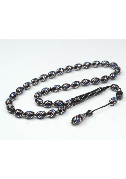 Oltu Taşı Ve Kırmızı Galalith Çift Çeşmi Işlemeli Tespih