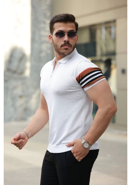 Erkek Fermuar Yakalı Kolları Desenli Kısa Kollu Tişört fiyatları