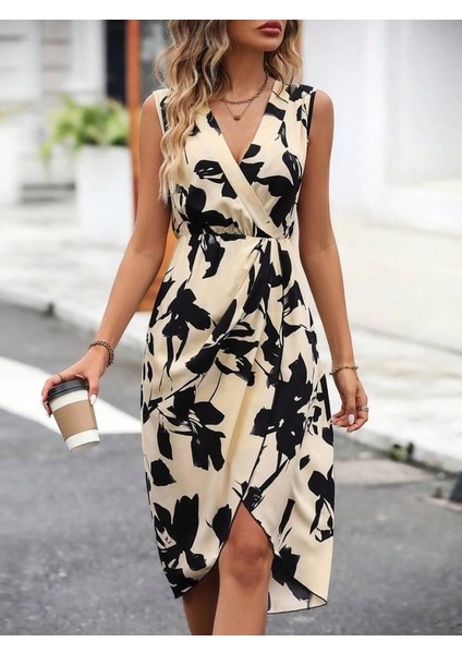 Kadın Sıfır Kol Kruvaze Yaka Önden Çapraz Kesim Detaylı Desenli Oysho Süprem Elbise