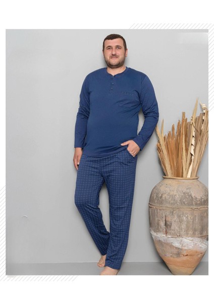 Erkek Battal Düğme Yaka Penye Uzun Kol Pijama Takımı 6720/9 - 1 Adet