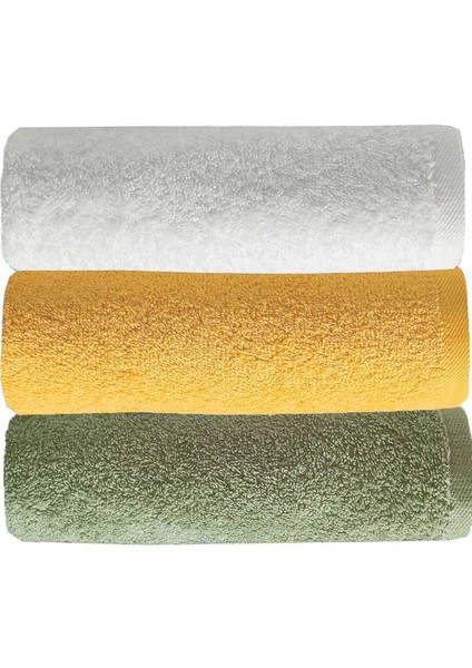 3 Lü Düz Renk El Yüz Havlu Seti &#37;100 Pamuklu 50X90 cm Yeşil Sarı Beyaz