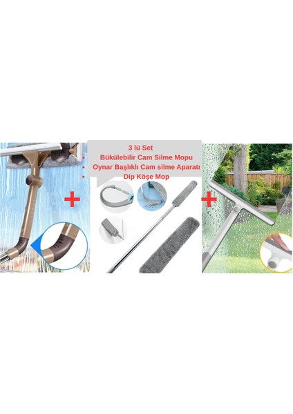 3'lü Cam Temizlik Seti: Silgi, Mop ve Oynar Başlıklı Temizlik Aleti